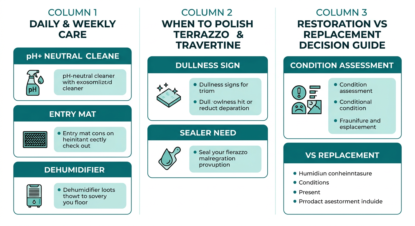 Three-column infographic with floor care tips for humid climates: daily cleaning, polishing schedules, and restoration decisions, using teal and white design