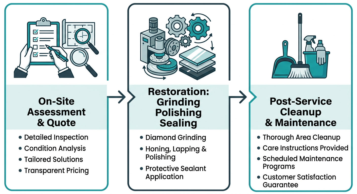 Three-stage professional floor care process diagram: On-Site Assessment and Custom Quote, Restoration Techniques: Grinding Polishing Sealing, Post-Service Cleanup and Maintenance Guidance