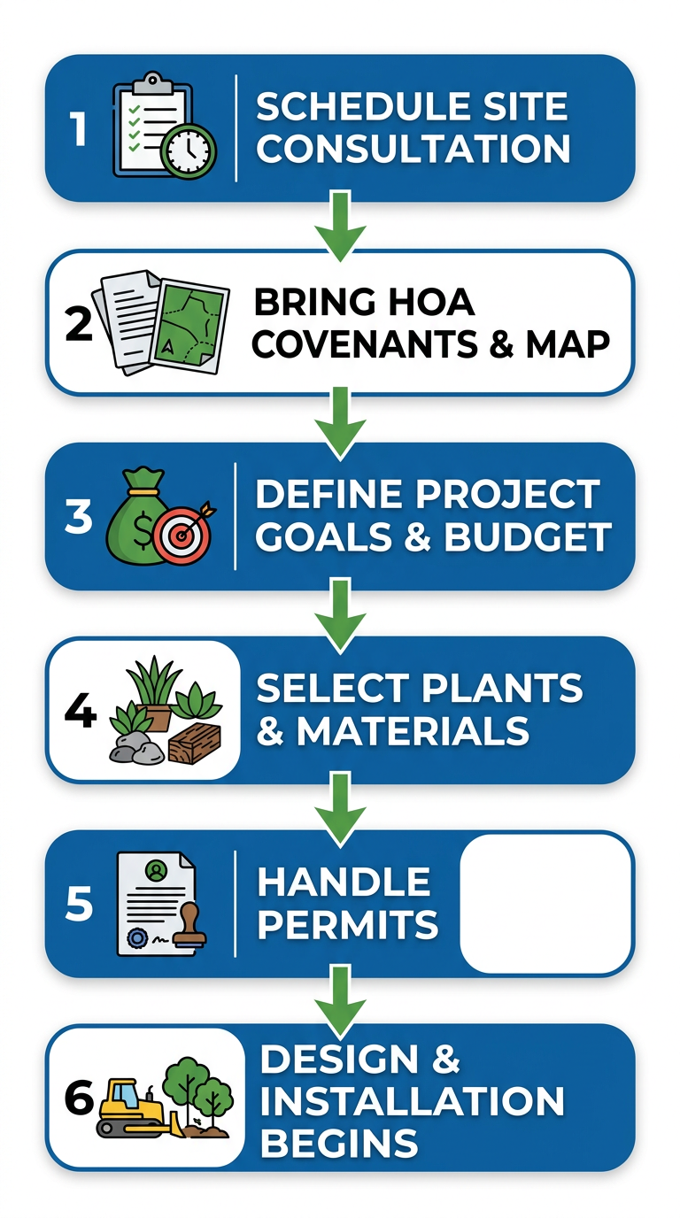 Six-step commercial landscaping project launch process flow from site consultation through design and installation, with numbered nodes connected by downward arrows