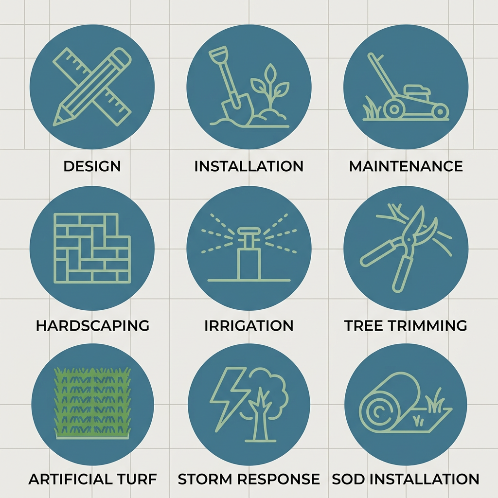 Grid of nine outlined service icons for GB Grow commercial landscaping: design, installation, maintenance, hardscaping, irrigation, tree trimming, artificial turf, storm response, and sod installation.