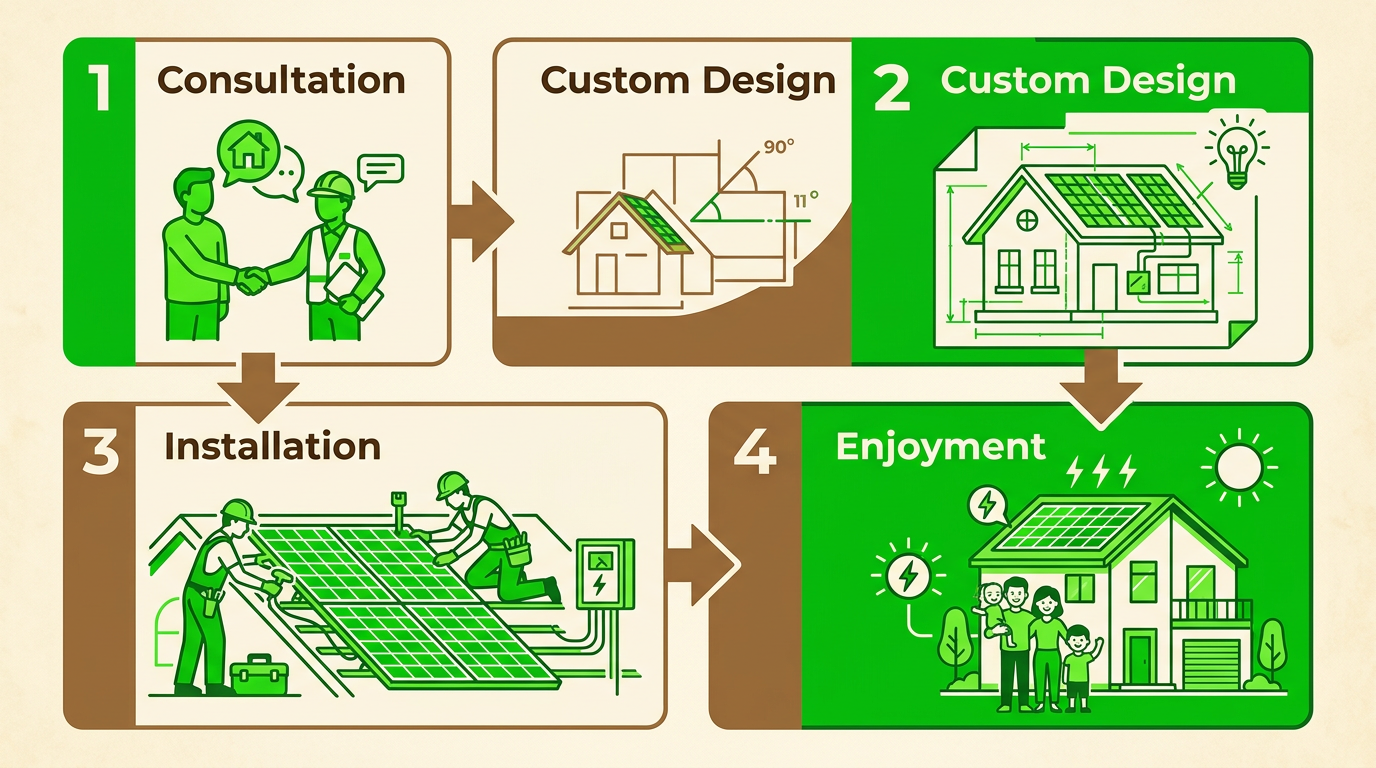 Four-stage vertical process diagram for custom landscape lighting services from GB Grow in the Tampa Bay area, showing consultation, design, installation, and enjoyment stages