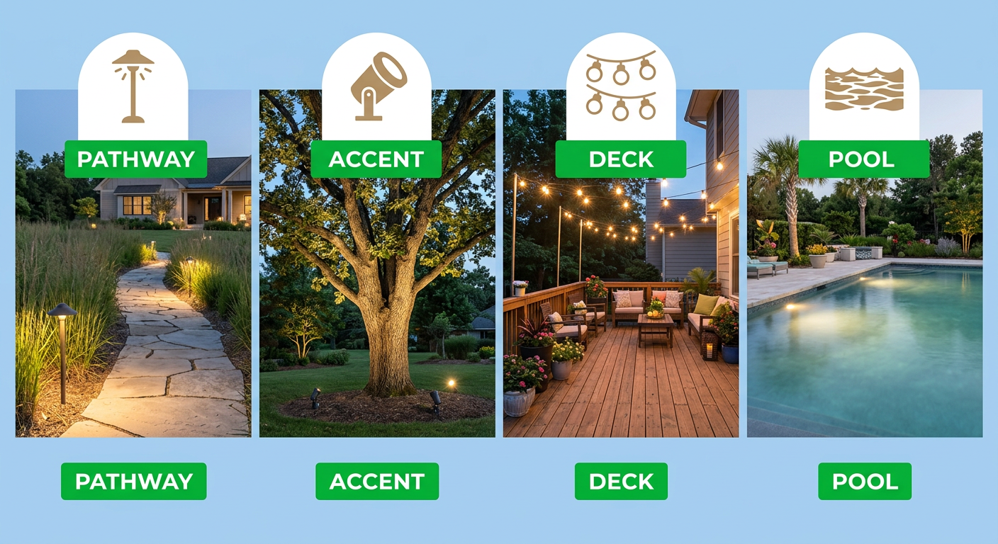 Four-panel infographic comparing landscape lighting applications for Odessa homes: pathway lighting, accent lighting, deck and patio lighting, and pool and landscape lighting.