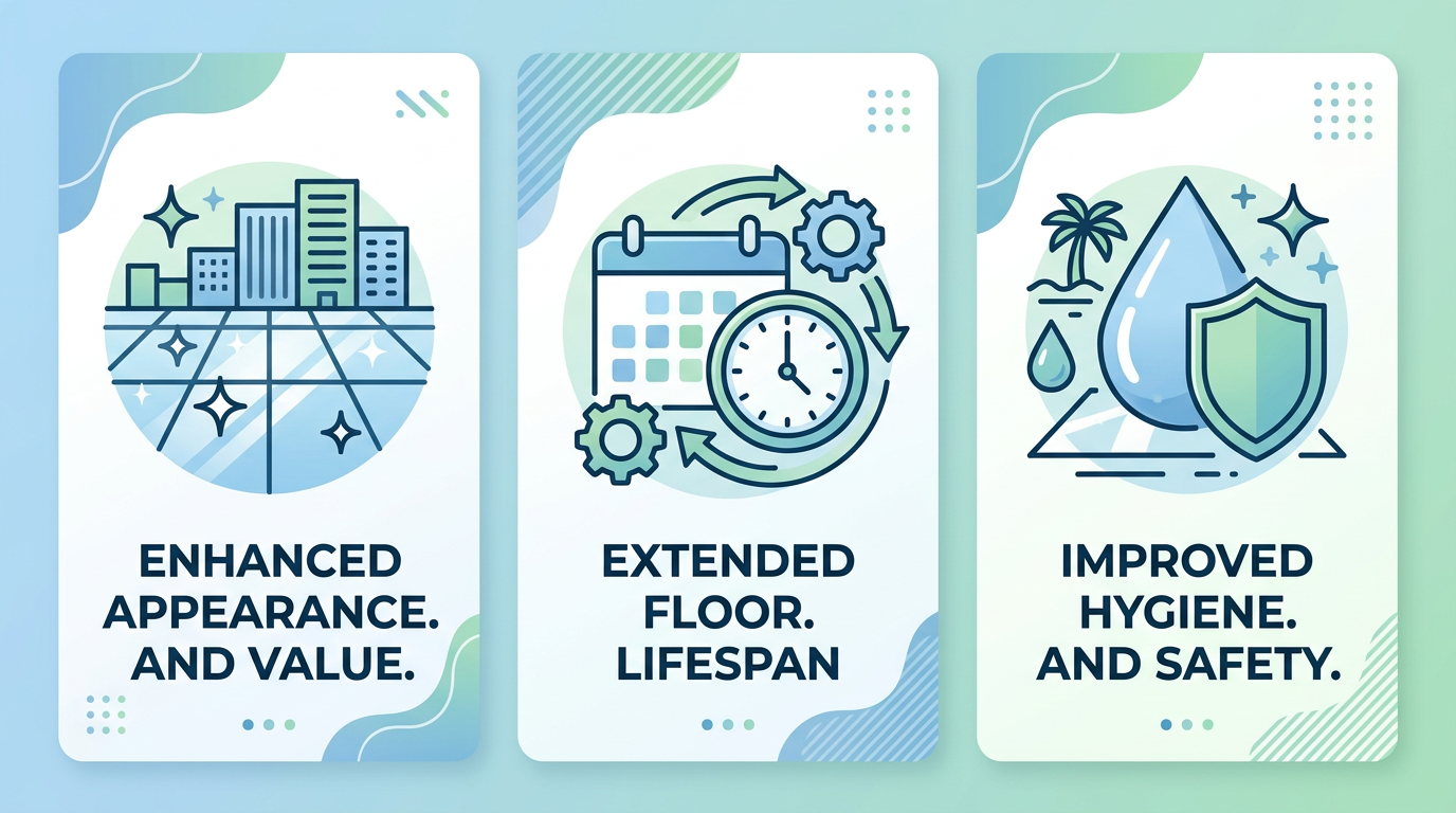 Three-panel infographic illustrating benefits of professional floor polishing: enhanced appearance and property value, extended floor lifespan, and improved hygiene and safety in humid climate, using blue and green palette.