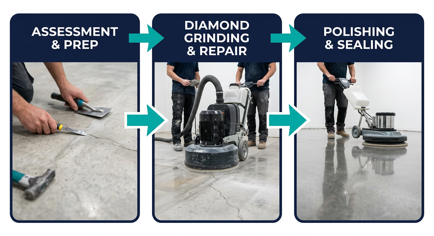 Horizontal process flow diagram for professional floor polishing showing three stages: assessment and preparation, diamond grinding and repair, and polishing and sealing, using navy and teal branding colors, no title text.