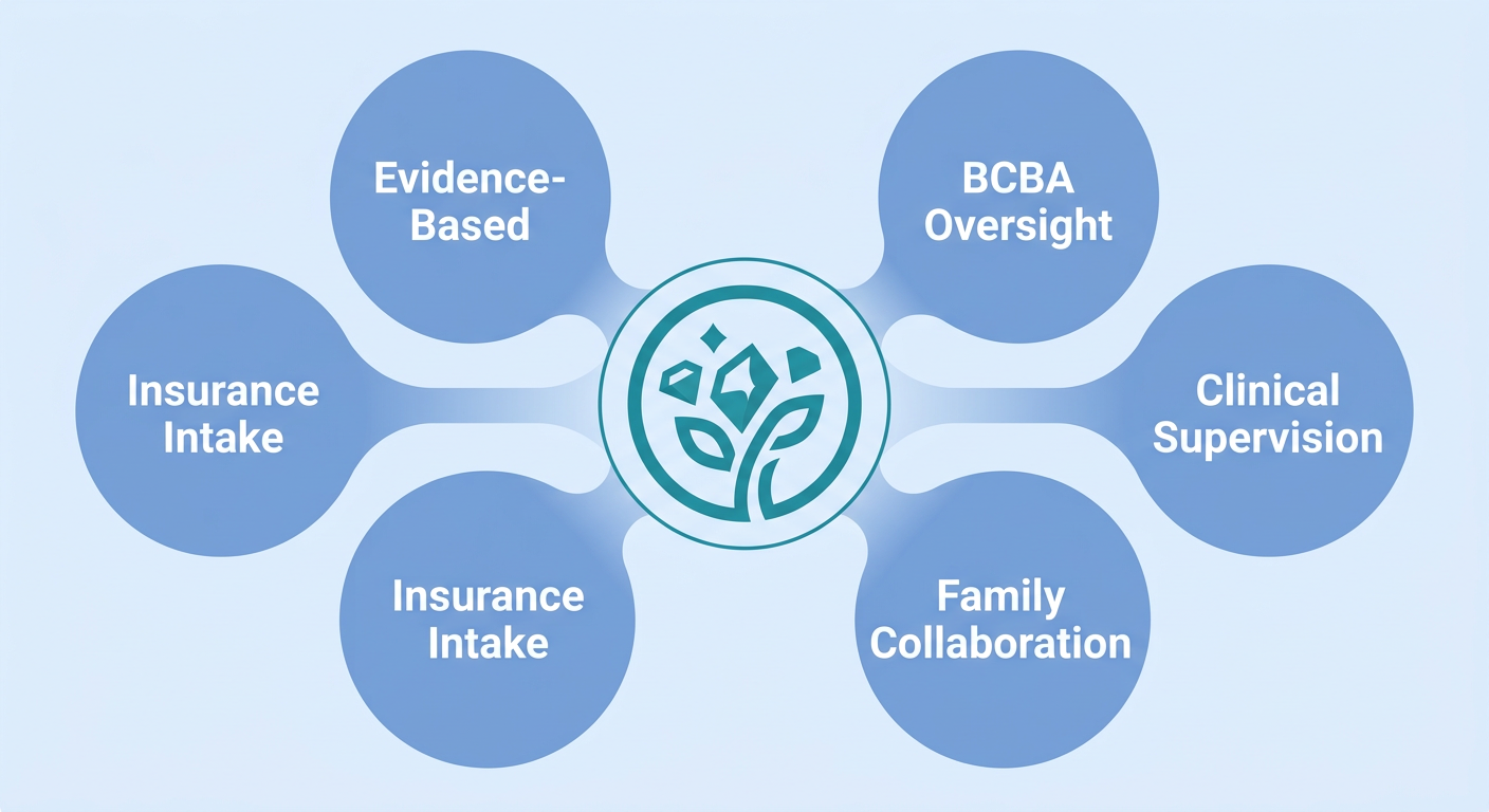 Infographic of Hidden Gems ABA service commitments including evidence-based practices, BCBA oversight, clinical supervision, family collaboration, and insurance assistance.