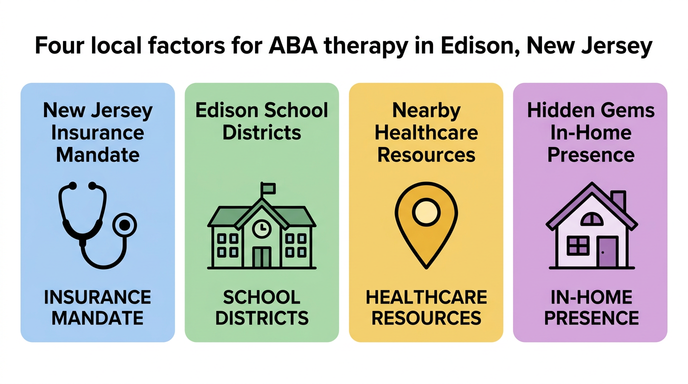 Infographic highlighting four local factors for ABA therapy in Edison, New Jersey including insurance mandate, school districts, healthcare resources, and in-home services
