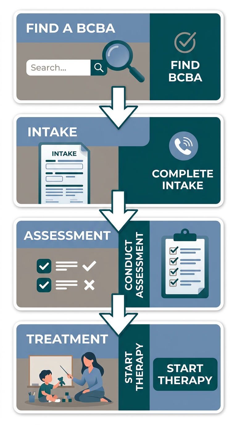 Four-step vertical process flow diagram showing how to begin ABA therapy: Find a BCBA, Intake, Assessment, and Treatment.