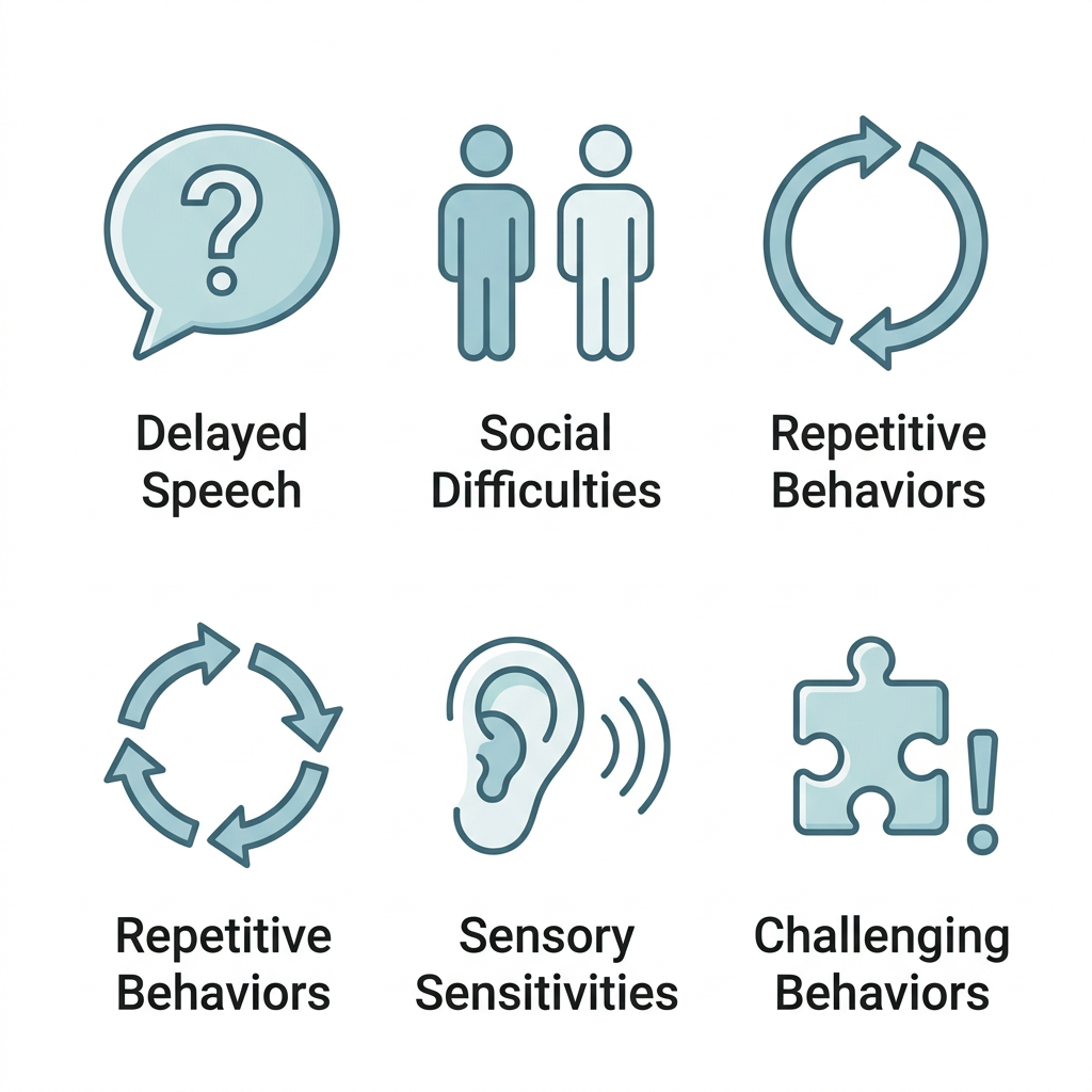 Icons illustrating early autism indicators: speech delay, social challenges, repetitive behaviors, sensory sensitivities, and challenging behaviors, arranged in a grid layout.