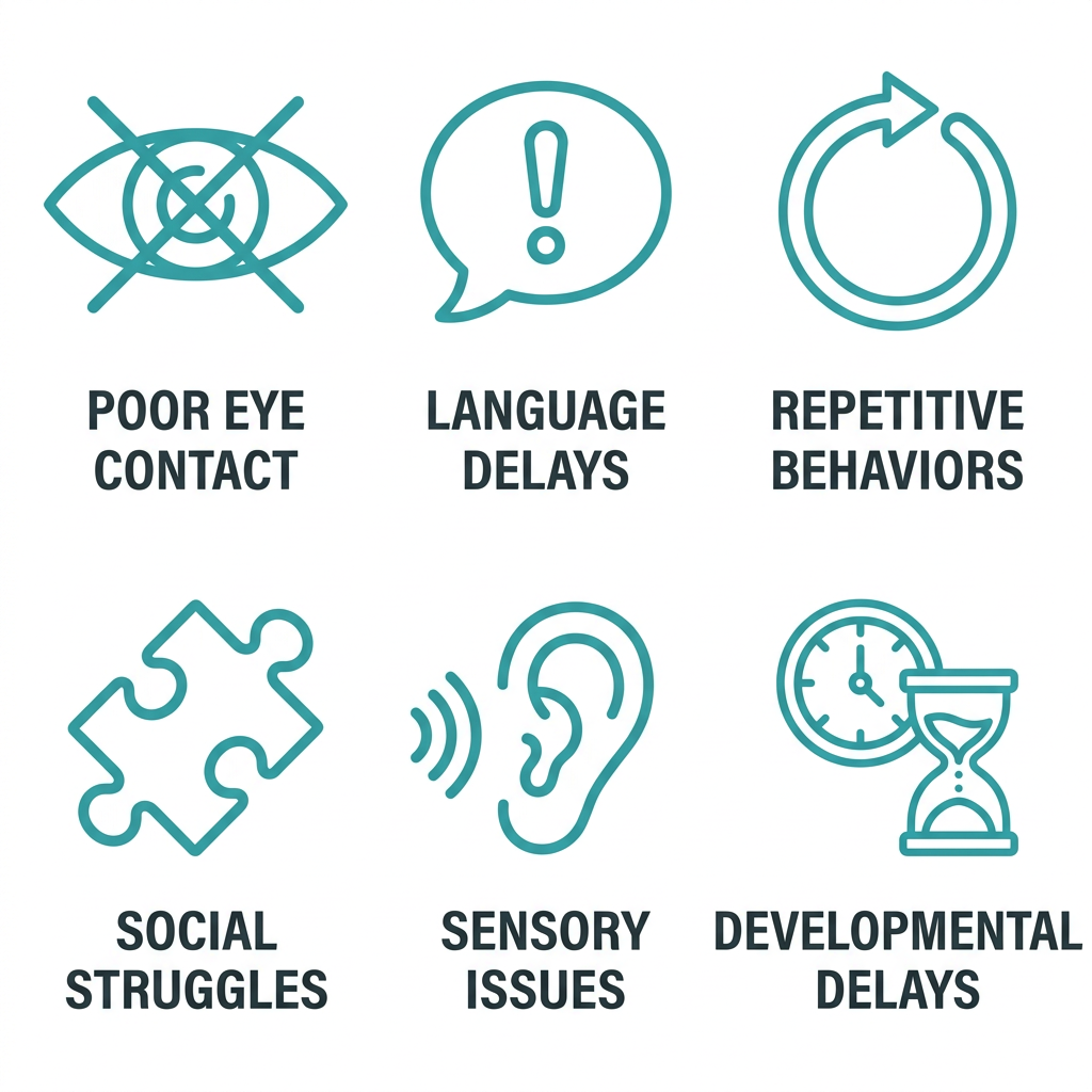 Six icons representing early signs for ABA therapy: no eye contact, speech concerns, repetitive motions, social challenges, sensory sensitivity, and delayed milestones, with labels beneath each.
