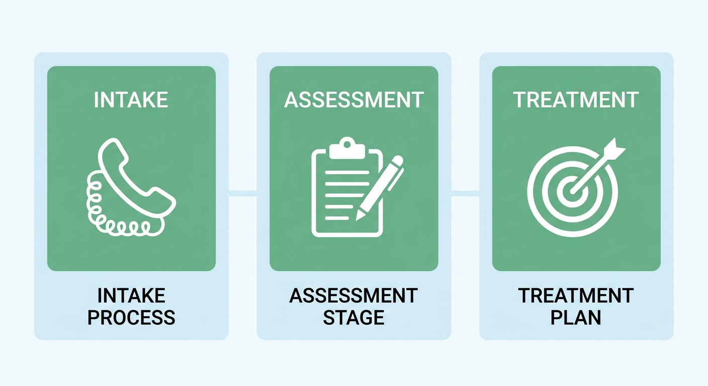 Process flow showing three steps to start ABA therapy: Intake, Assessment, and Treatment with phone, clipboard, and target icons.