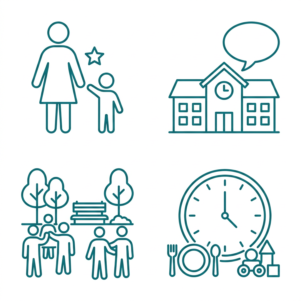 Icon set illustrating ABA therapy support services: caregiver training, school consultation, community integration, and daily routines support.