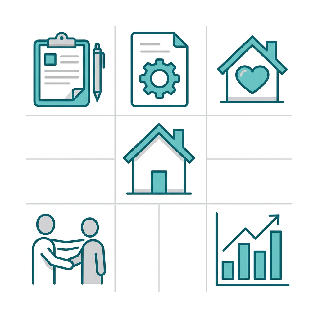 Icon grid for ABA therapy components including assessment, treatment plan, in-home therapy, family collaboration, and progress monitoring