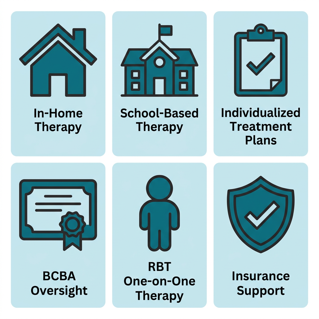 Icon grid showing six ABA services: In-Home Therapy, School-Based Therapy, Individualized Treatment Plans, BCBA Oversight, RBT One-on-One Therapy, and Insurance Support