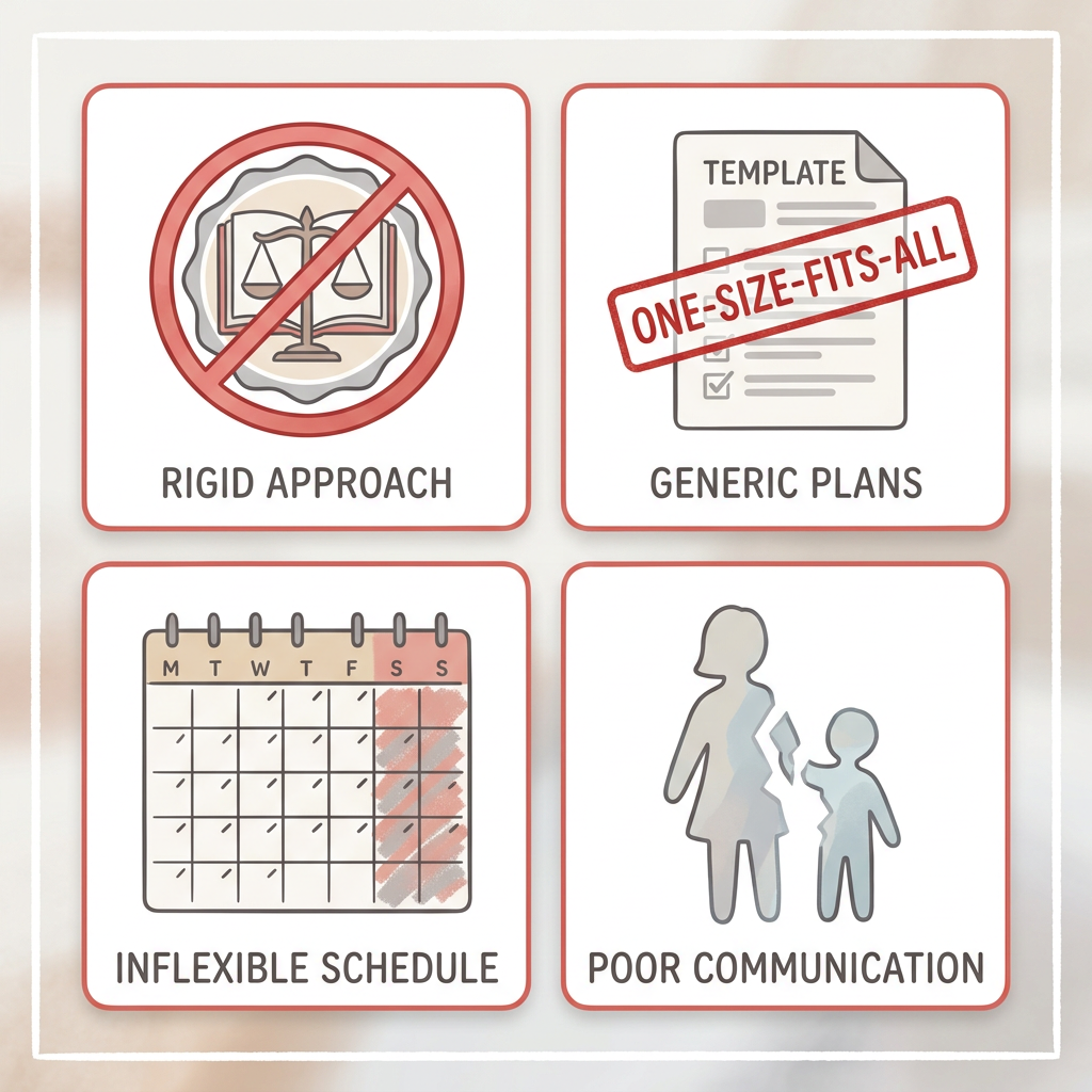 Four warning icons on white cards with red borders: crossed-out BCBA badge, one-size-fits-all document stamp, calendar blocking weekends, and detached family silhouette, representing red flags when choosing ABA therapy.