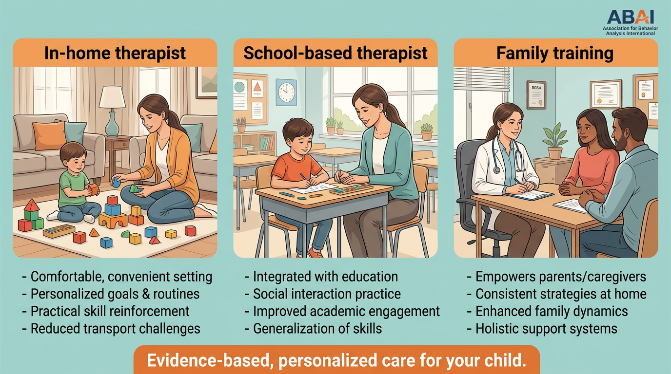 Three-panel infographic showcasing in-home ABA therapy, school-based ABA therapy, and family training services with bulleted benefits and evidence-based statement.