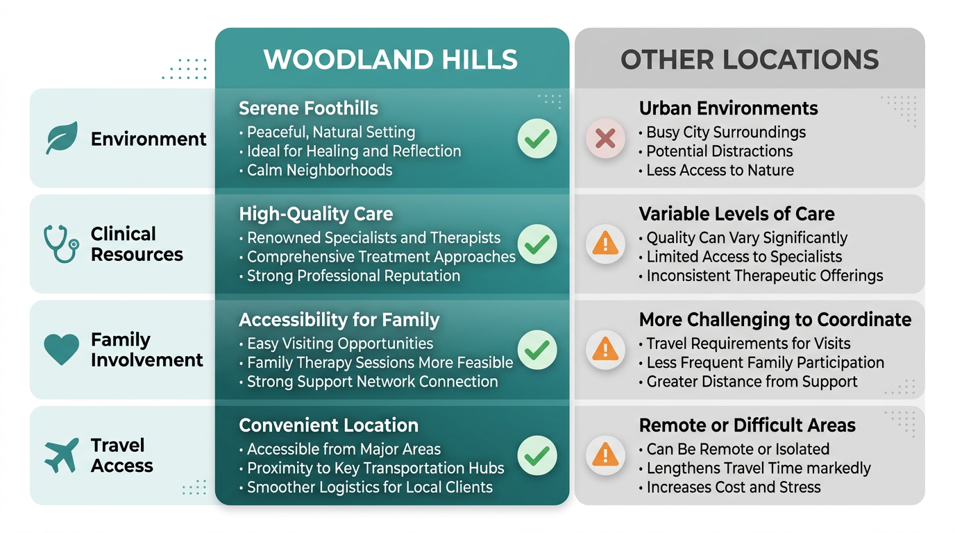 Side-by-side comparison infographic contrasting four advantages of residential treatment in Woodland Hills versus other locations: environment, clinical resources, family involvement, and travel access.