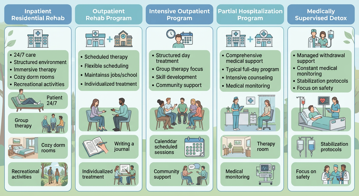 Infographic comparing five rehabilitation program types in Woodland Hills: Inpatient, Outpatient, IOP, PHP, and Medically Supervised Detox, with columns showing duration, focus, and best-suited candidate for each.