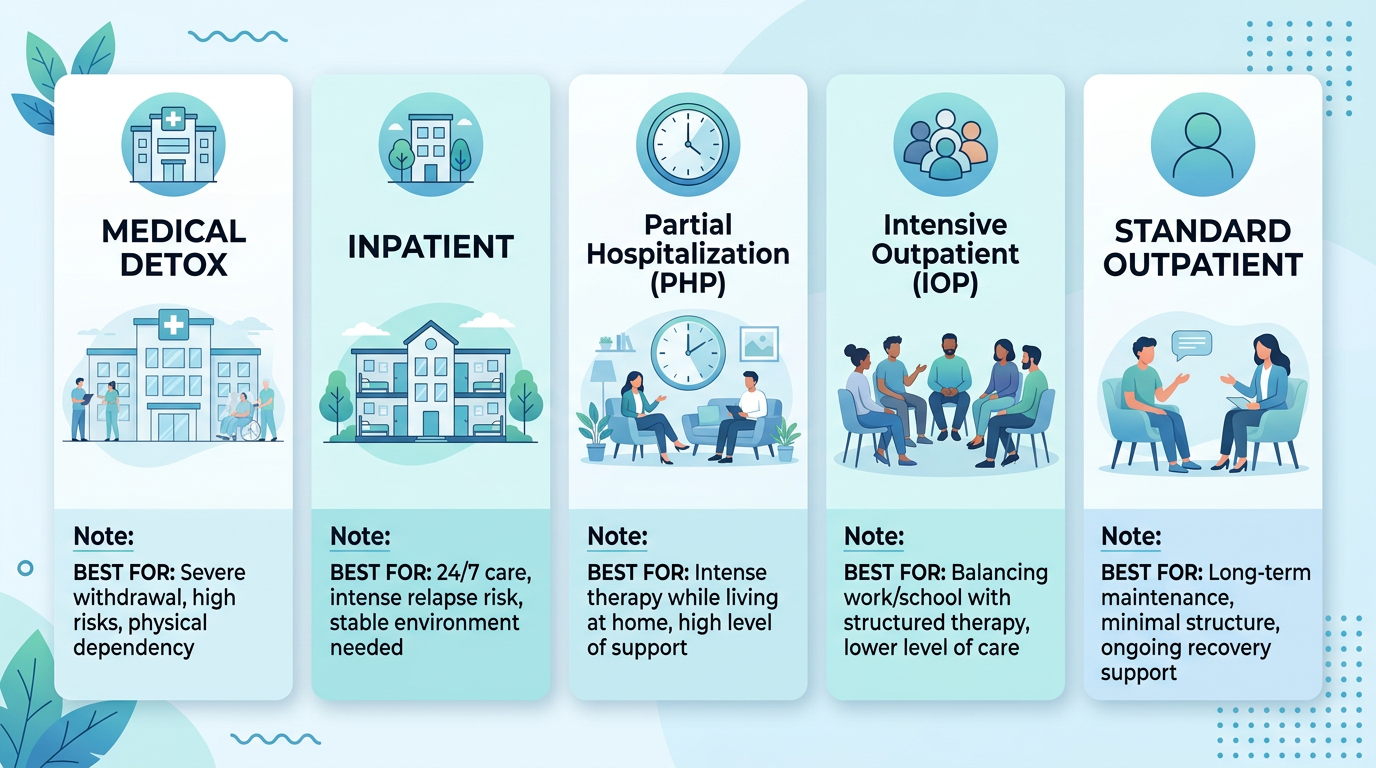 Comparison infographic of five addiction treatment levels