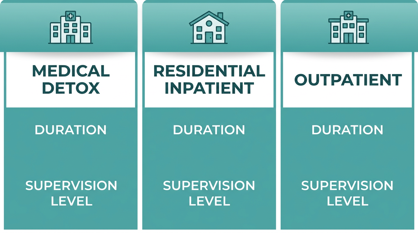 Side-by-side comparison infographic of three alcohol detox options: Medical Detox with 24/7 medical supervision, Residential Inpatient Detox, and Outpatient Detox in Woodland Hills, using calming teal and white design.