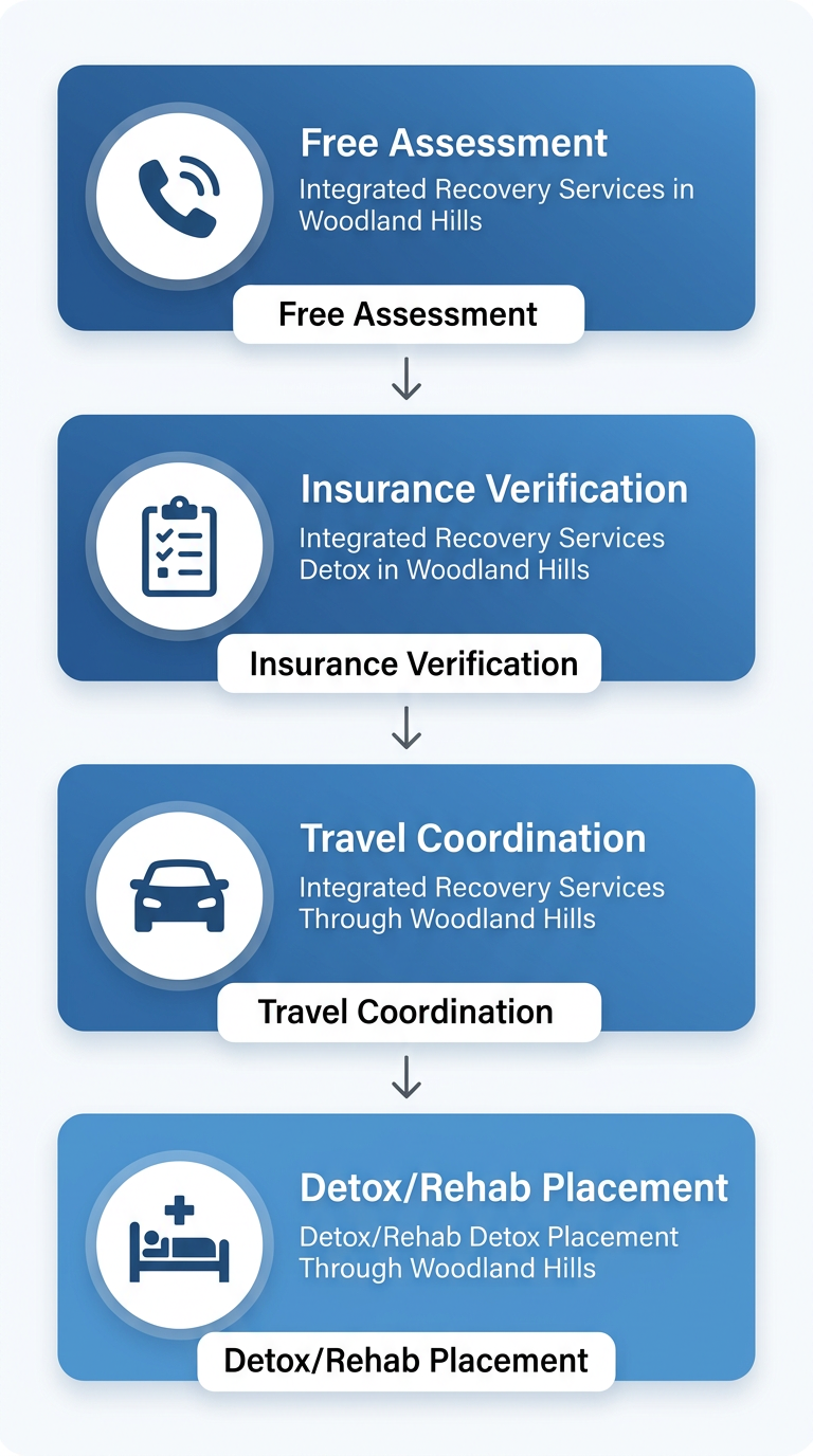 Four-step vertical process flow showing how to access medical detox and rehab placement in Woodland Hills through Integrated Recovery Services, with stages for free assessment, insurance verification, travel coordination, and placement.