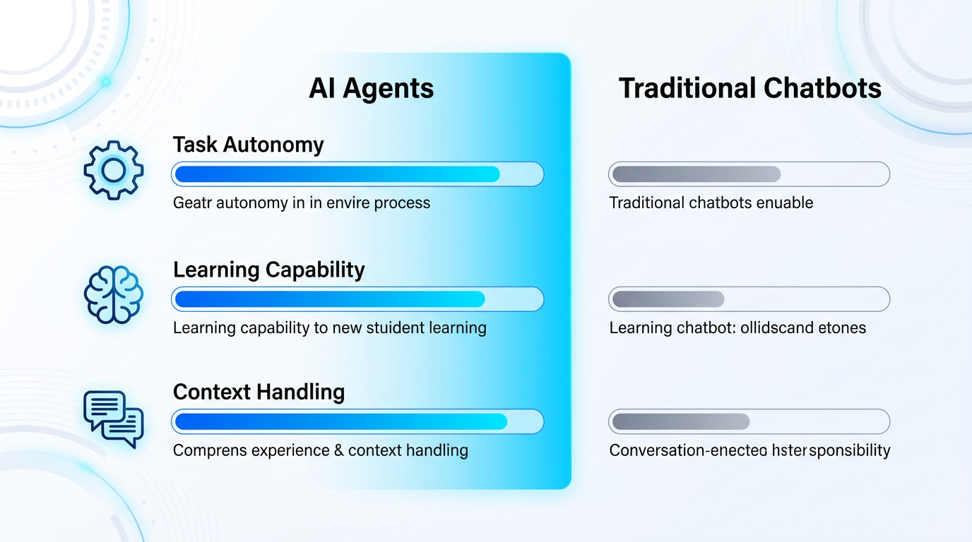 Side-by-side comparison infographic of AI Agents versus Traditional Chatbots showing three rows: Task Autonomy, Learning Capability, Context Handling, with horizontal progress bars and icons for each row.