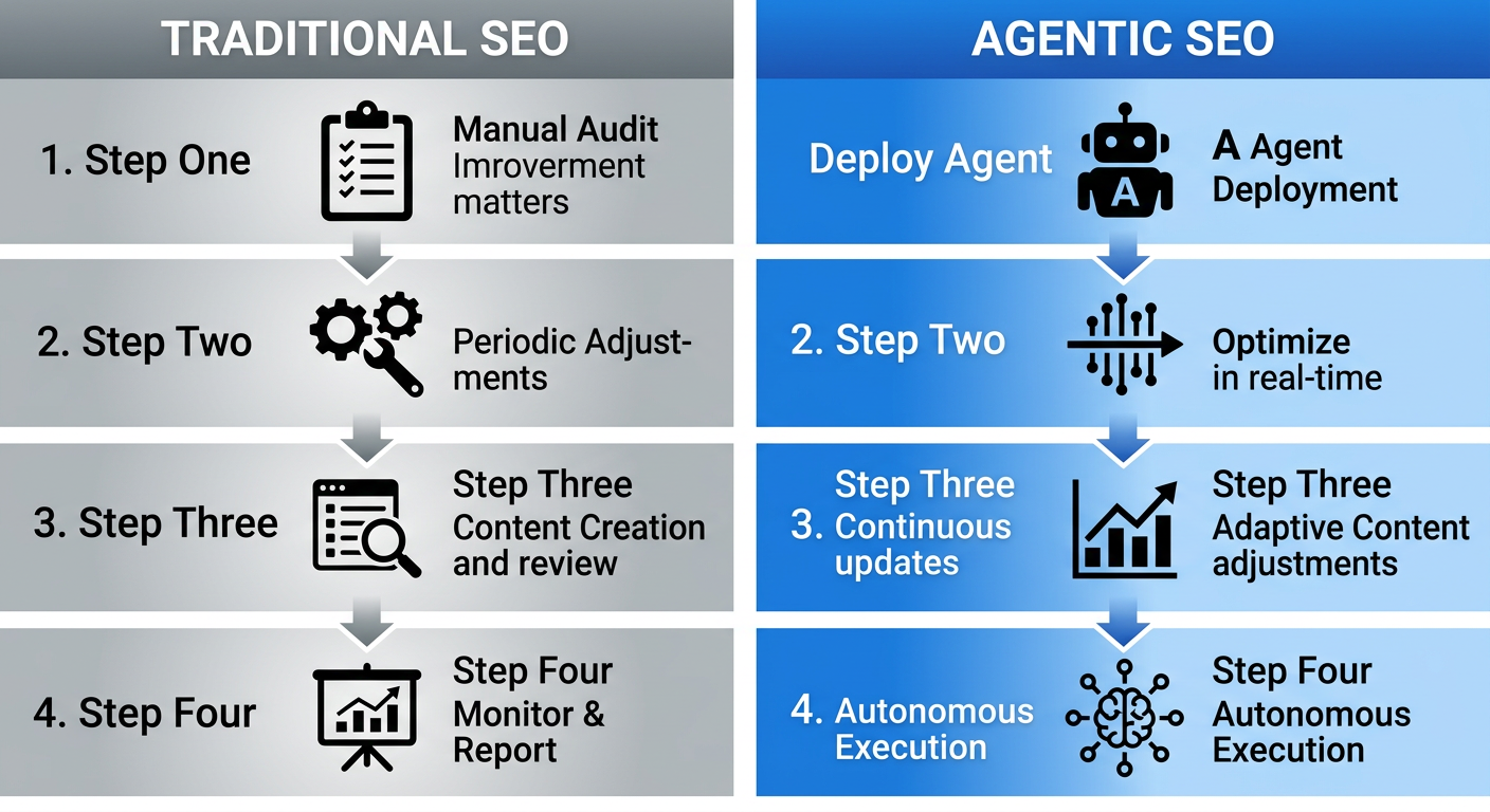 Split vertical infographic comparing four-step Traditional SEO manual process on left with four-step Agentic SEO autonomous process on right, connected by downward arrows.