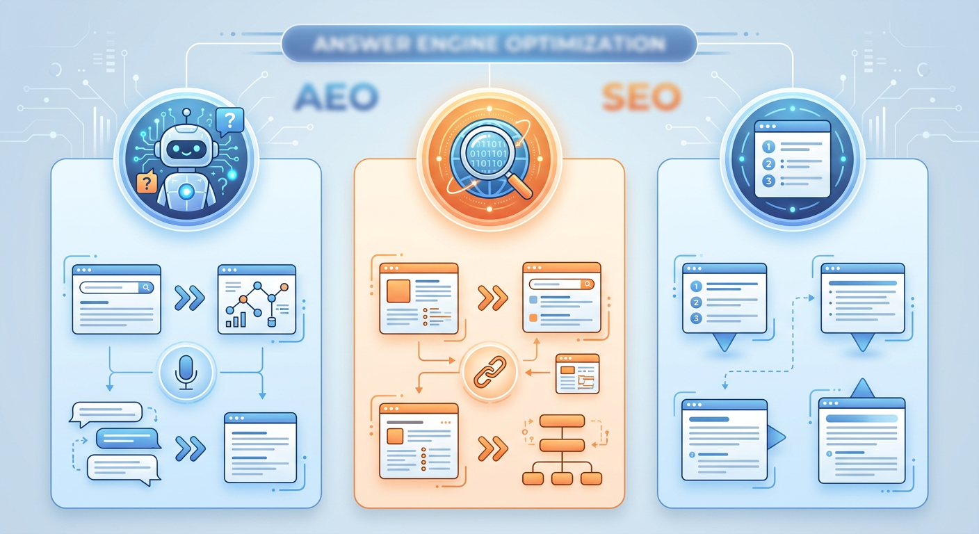 Three-column infographic comparing AEO and SEO using icons for AI assistant, search engine, and featured snippet, with soft blue and warm orange color palette.