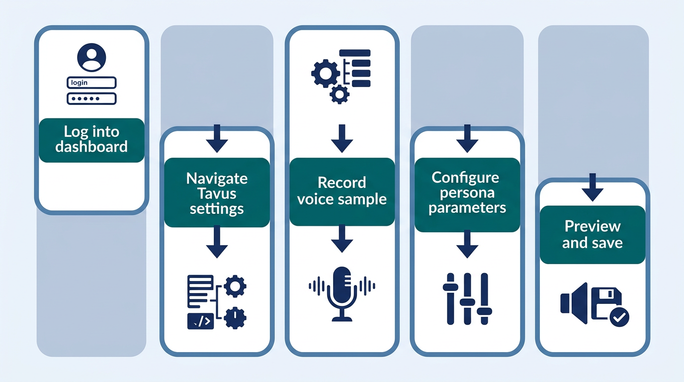 A vertical process flow diagram for setting up Tavus voice personas with 5 steps in a professional teal and navy color scheme