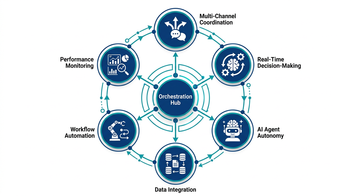 Infographic of six essential components for agent orchestration in marketing with circular hub-and-spoke layout