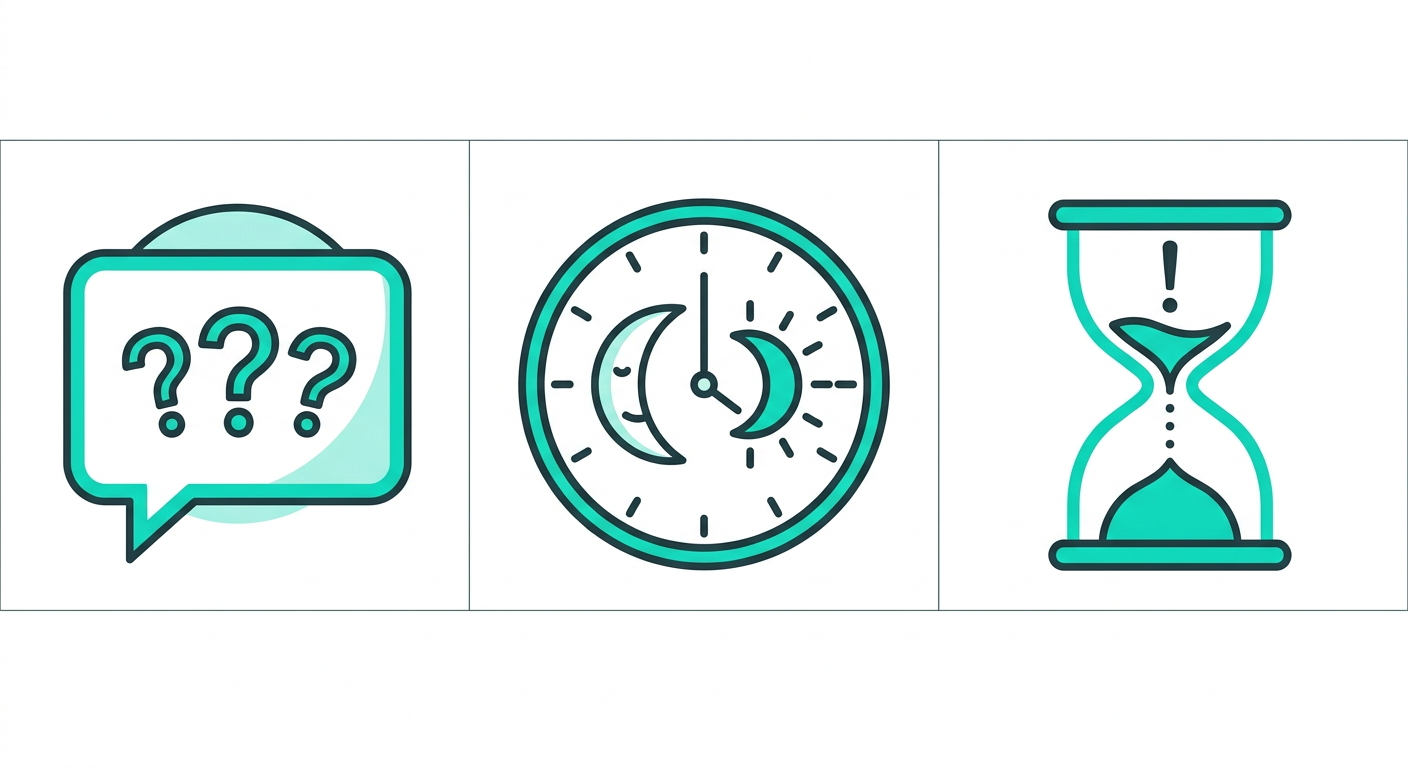 Icons showing three signs you need an AI chatbot solution: frequent repetitive questions, need for round-the-clock support, and slow response times.