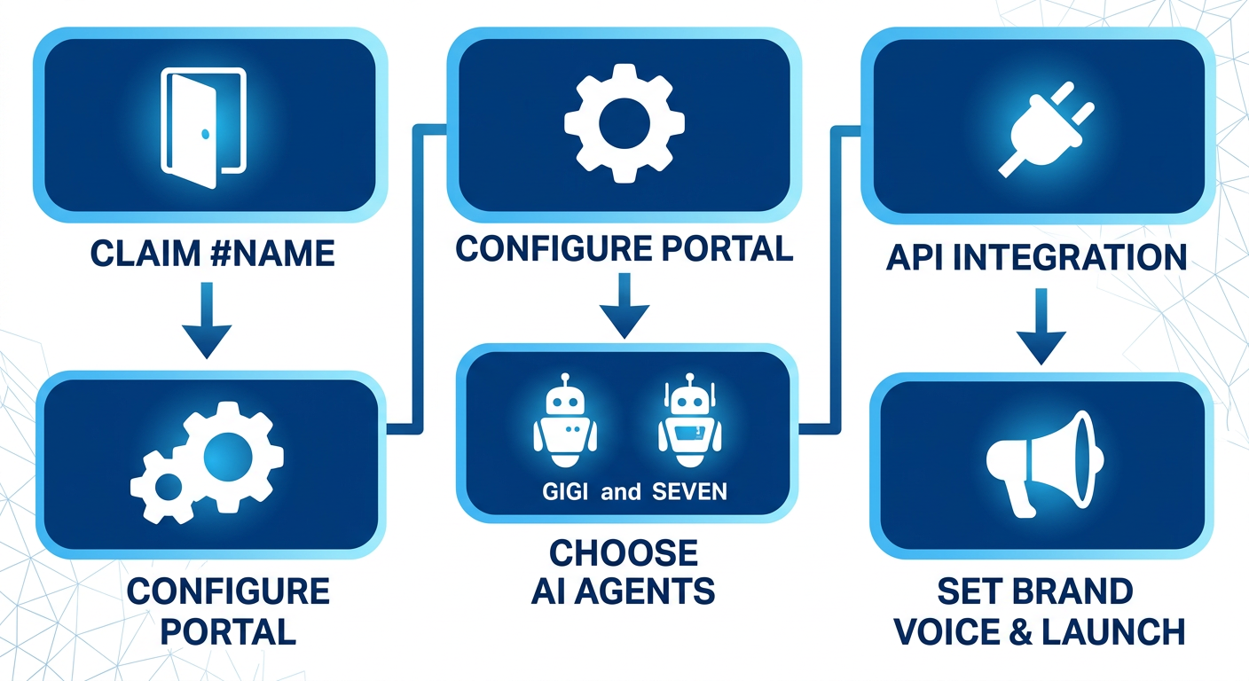 Vertical process flow diagram showing five stages of technical setup for the hashtag.org AI marketing platform.