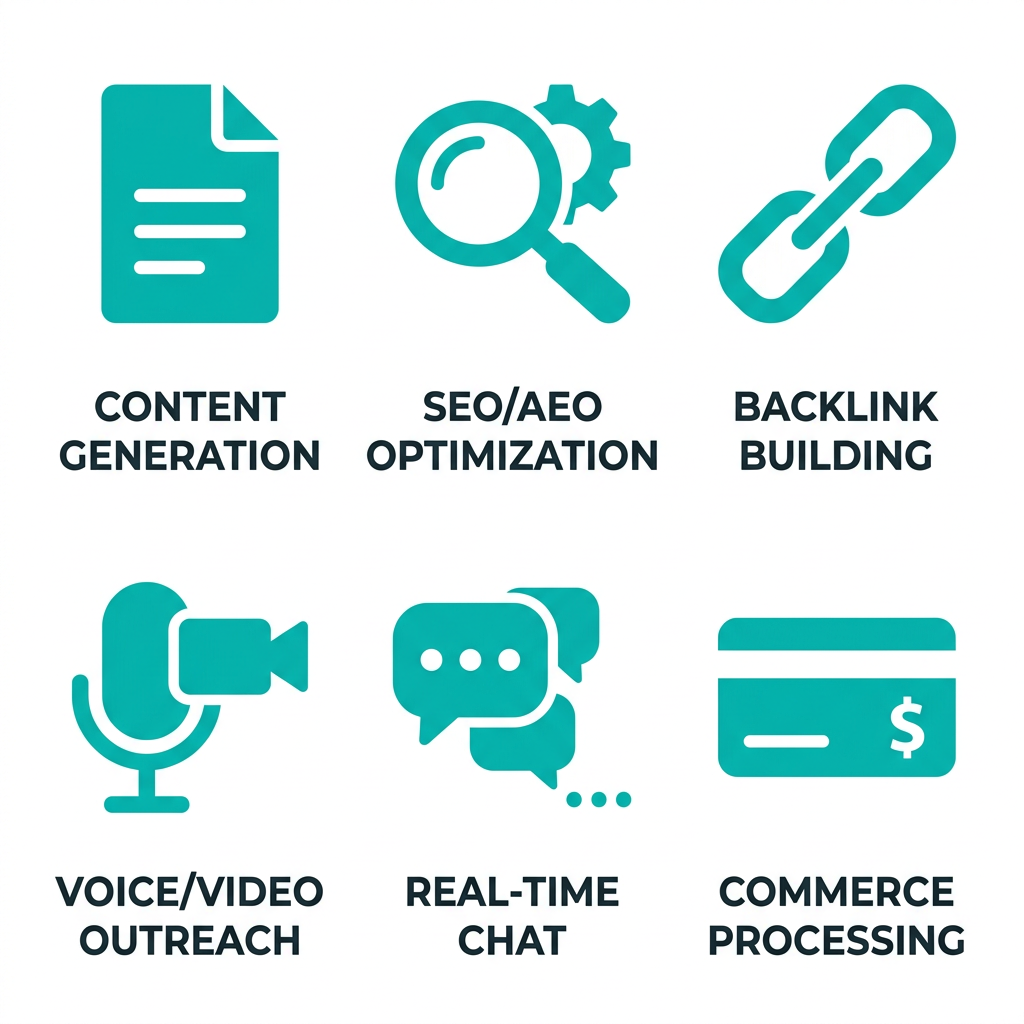 Icon set representing AI marketing team operations: content generation, SEO optimization, backlink building, voice/video outreach, real-time chat, and commerce processing.