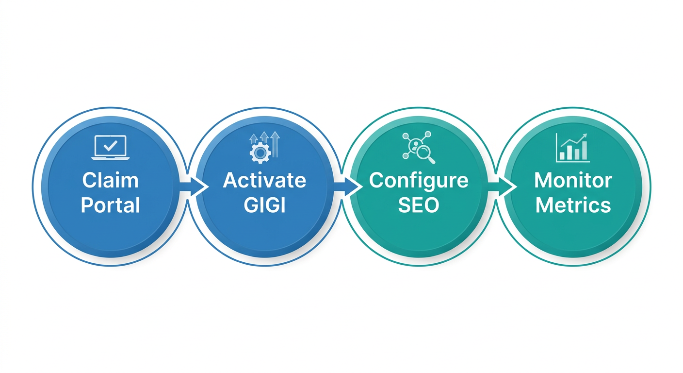 Horizontal timeline of hashtag.org AI marketing deployment showing four stages from claiming a portal to monitoring visibility metrics, with blue and teal circles and arrows connecting them.