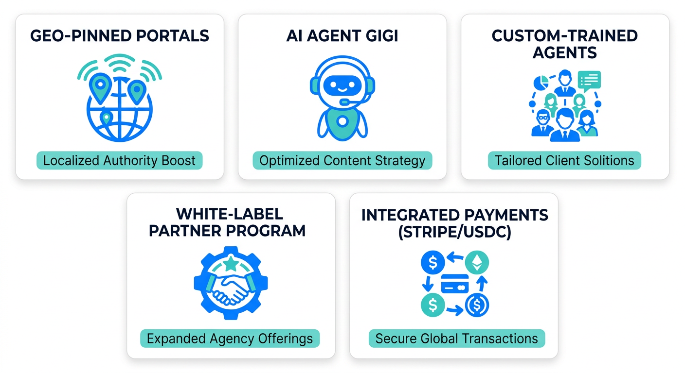 Infographic displaying five service components of hashtag.org's agentic SEO: geo-pinned portals, AI agent GIGI, custom-trained agents, white-label partner program, and integrated payments with Stripe and USDC.