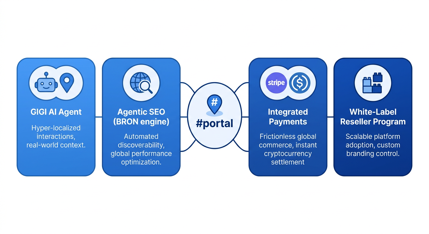 Ecosystem infographic of hashtag.org's agentic AI platform showing a central geo-pinned portal connected to four modules: GIGI AI Agent, Agentic SEO, Integrated Payments, and White-Label Reseller Program, with gradient blue design on white background.