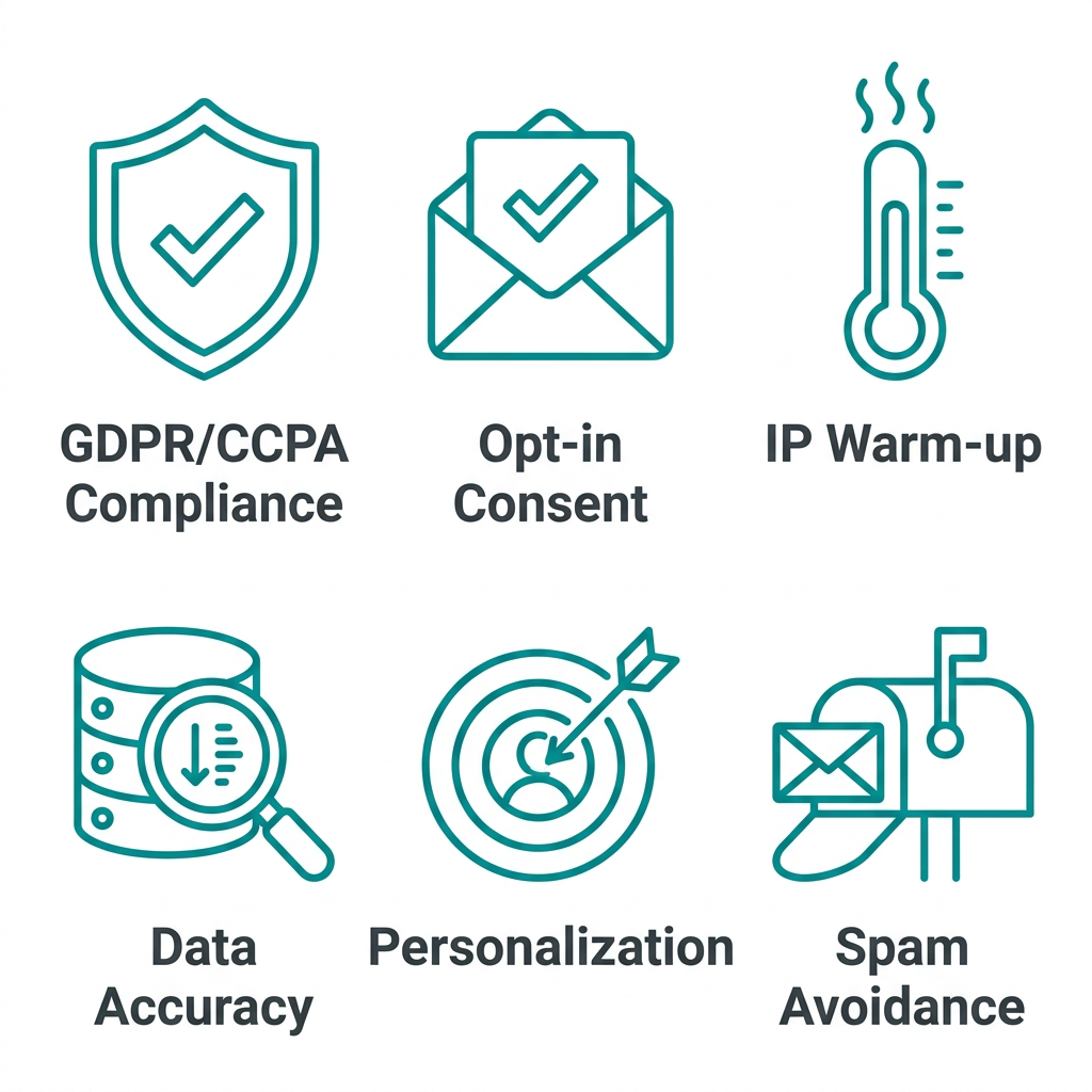 Six outlined teal icons representing AI marketing compliance: GDPR/CCPA, opt-in consent, IP warm-up, data accuracy, personalized marketing, and spam avoidance, with dark gray labels on white background.