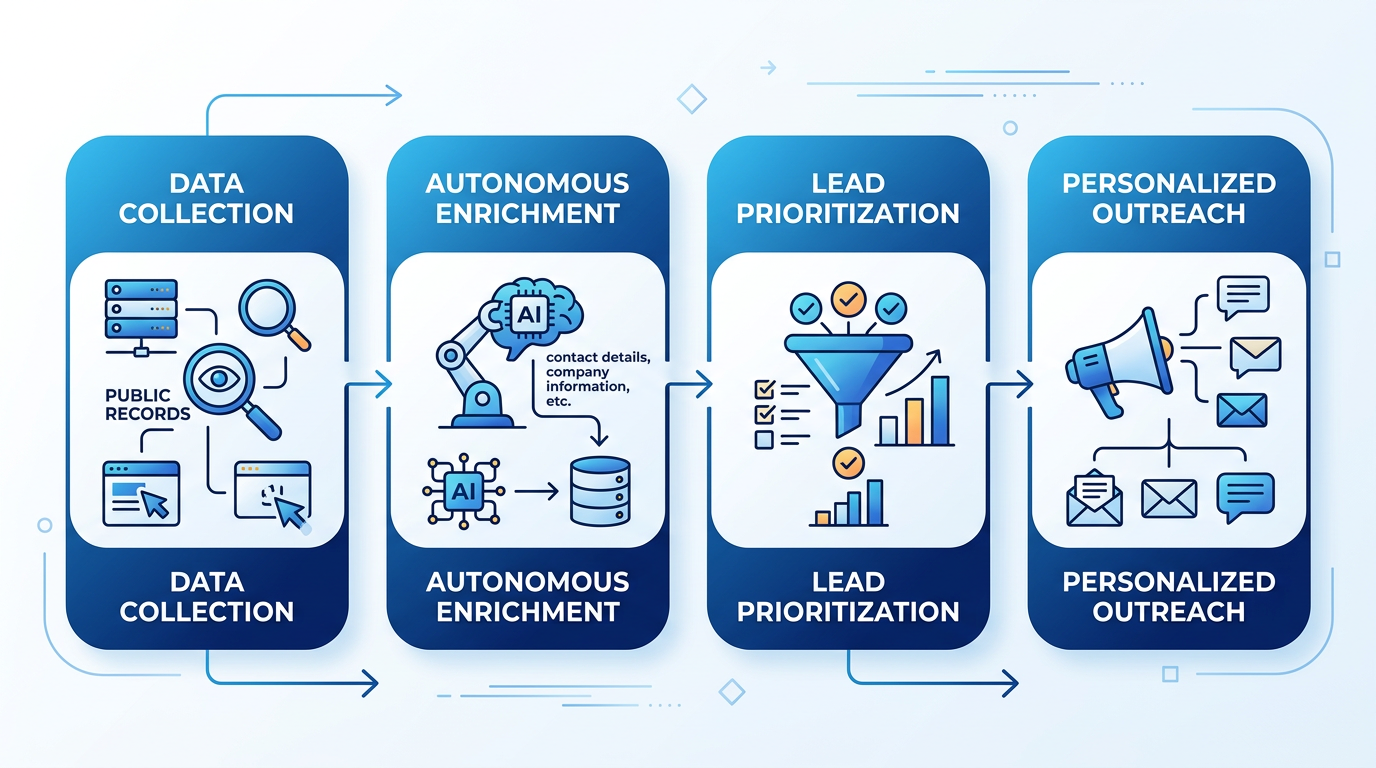 Horizontal process flow diagram showing four stages of AI lead generation harvester: Data Collection, Autonomous Enrichment, Lead Prioritization, and Personalized Outreach, with blue gradient icons and arrows in a minimalist corporate style.