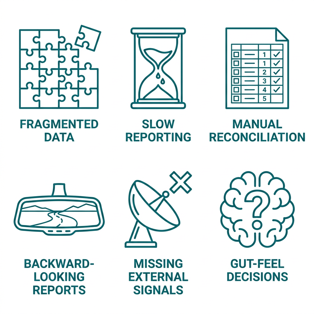Icon set showing six common marketing intelligence problems: fragmented data, slow reporting, manual reconciliation, backward-looking reports, missing external signals, and gut-feel decisions.