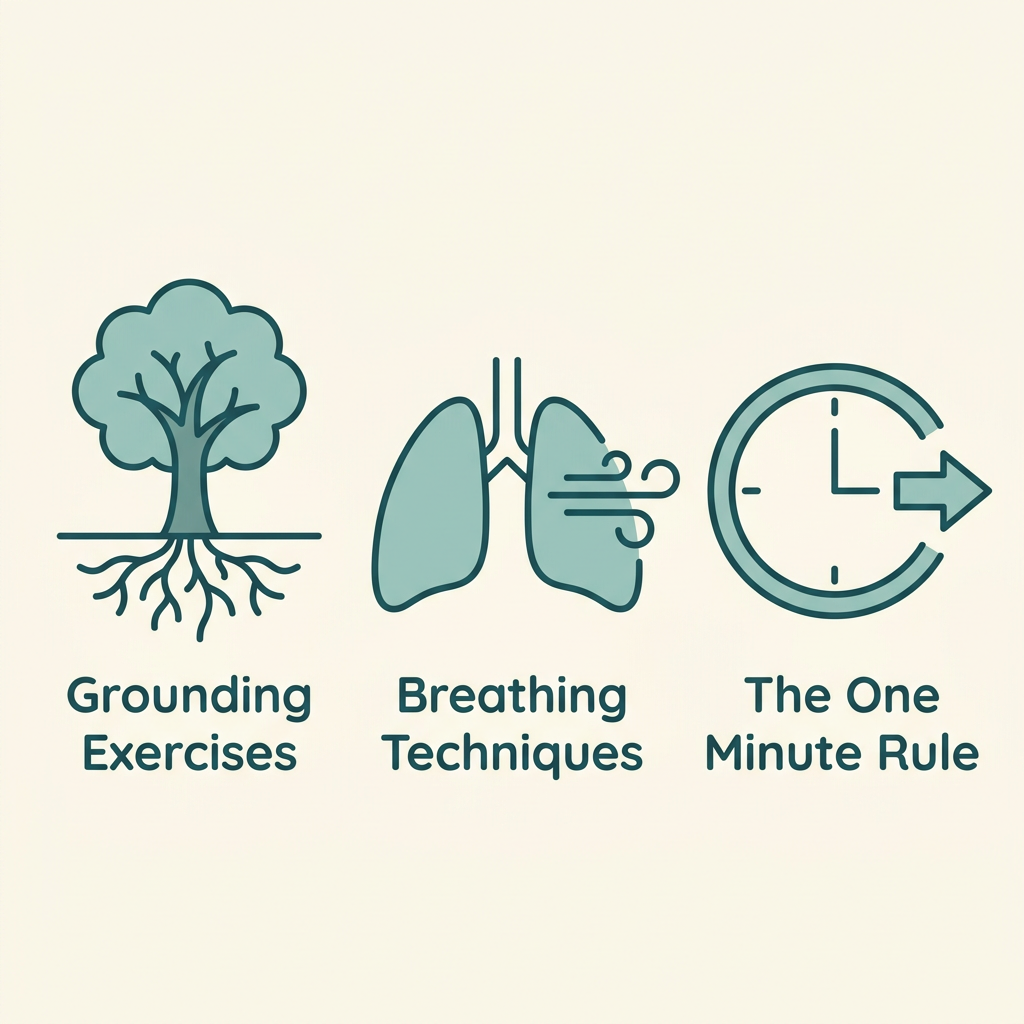 Three flat icons representing grounding exercises, breathing techniques, and the One Minute Rule, each with dark teal labels on a soft ivory background.