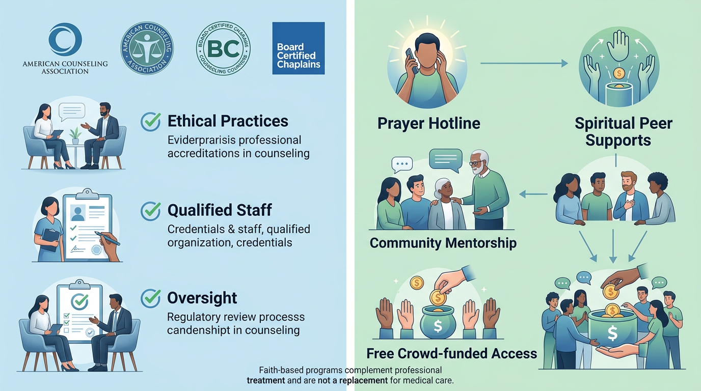 Infographic comparing clinical accreditation standards and faith-based peer support models, with blue column for accreditation and green column for spiritual support, including symbols and checkmarks.