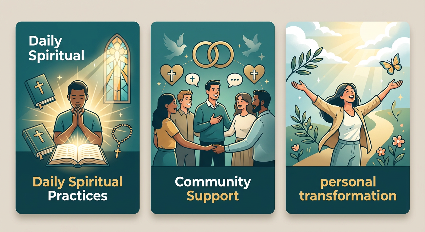 Faith-based addiction recovery program process flow showing three stages: Daily Spiritual Practices, Community Support, and Personal Transformation, with arrows connecting them, in warm gold and teal colors.