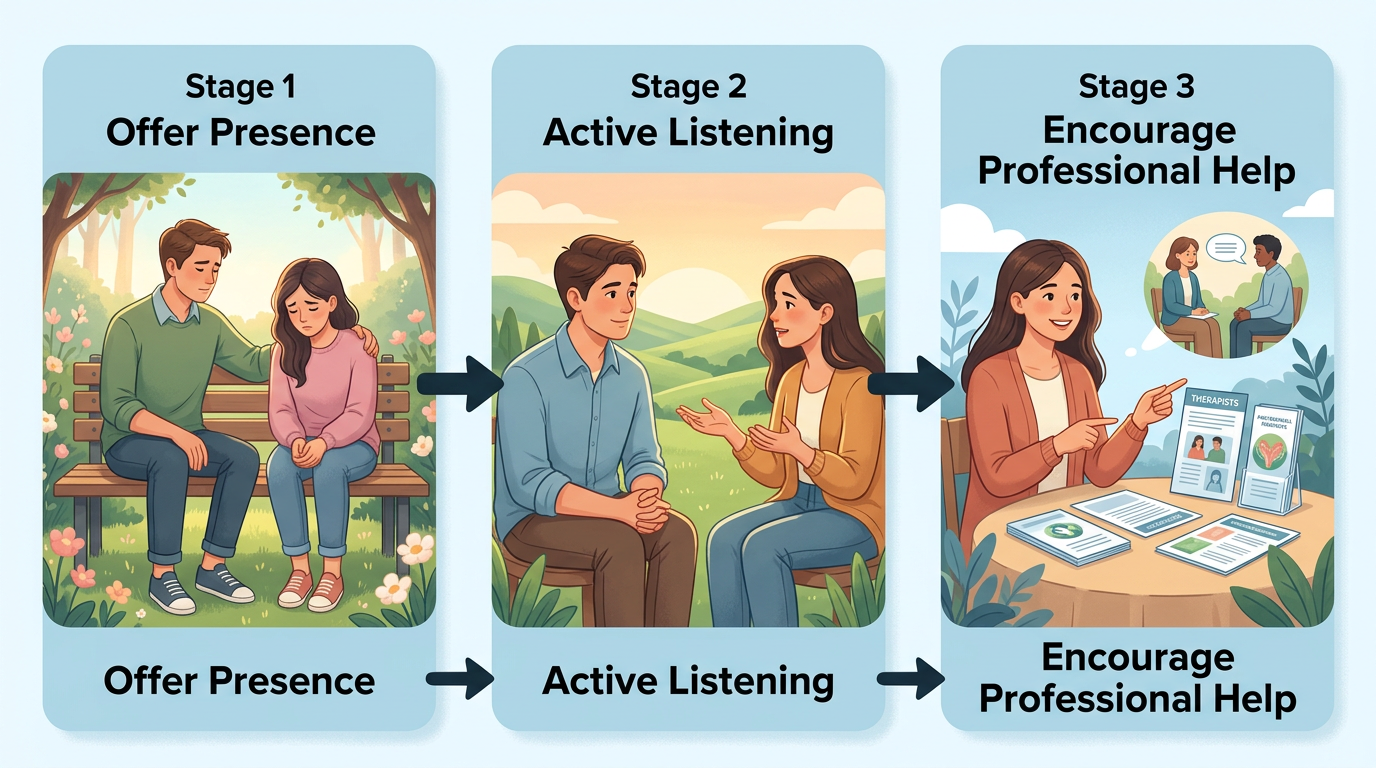 Three-step process diagram for helping someone with depression: offer presence, active listening, and encourage professional help, with connecting arrows and pastoral blue-green style.