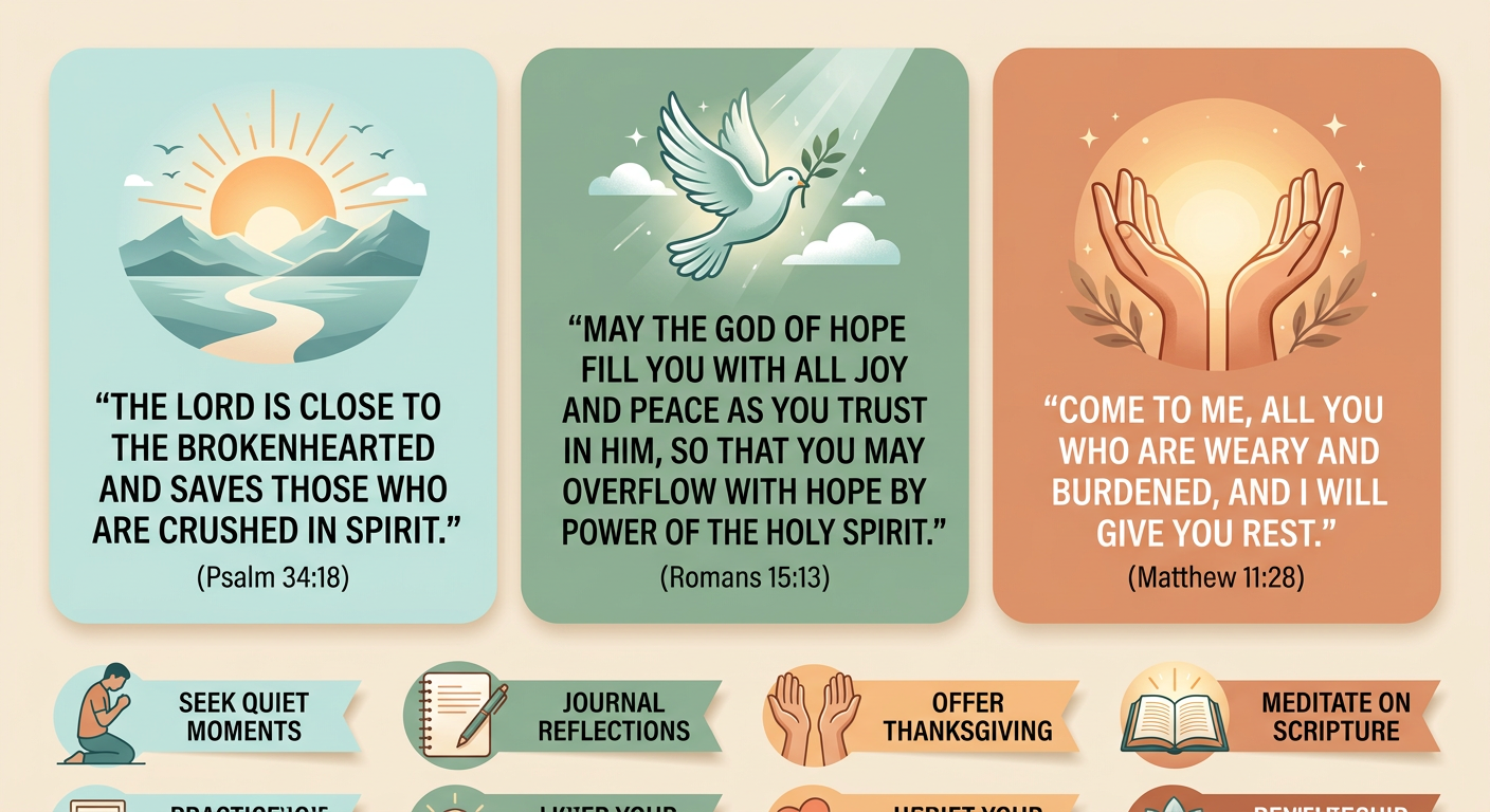 Infographic with three Bible verse cards for depression comfort: Psalm 34:18, Romans 15:13, and Matthew 11:28, with sunrise and hands illustrations and prayer tips.