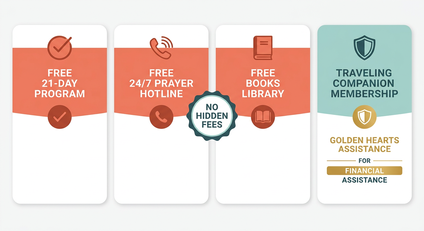 Infographic depicting transparent pricing for Path to a Better Life addiction support services, including free 21-day program, free prayer hotline, free books library, and optional Traveling Companion membership with Golden Hearts financial assistance, with a 'no hidden fees' badge.