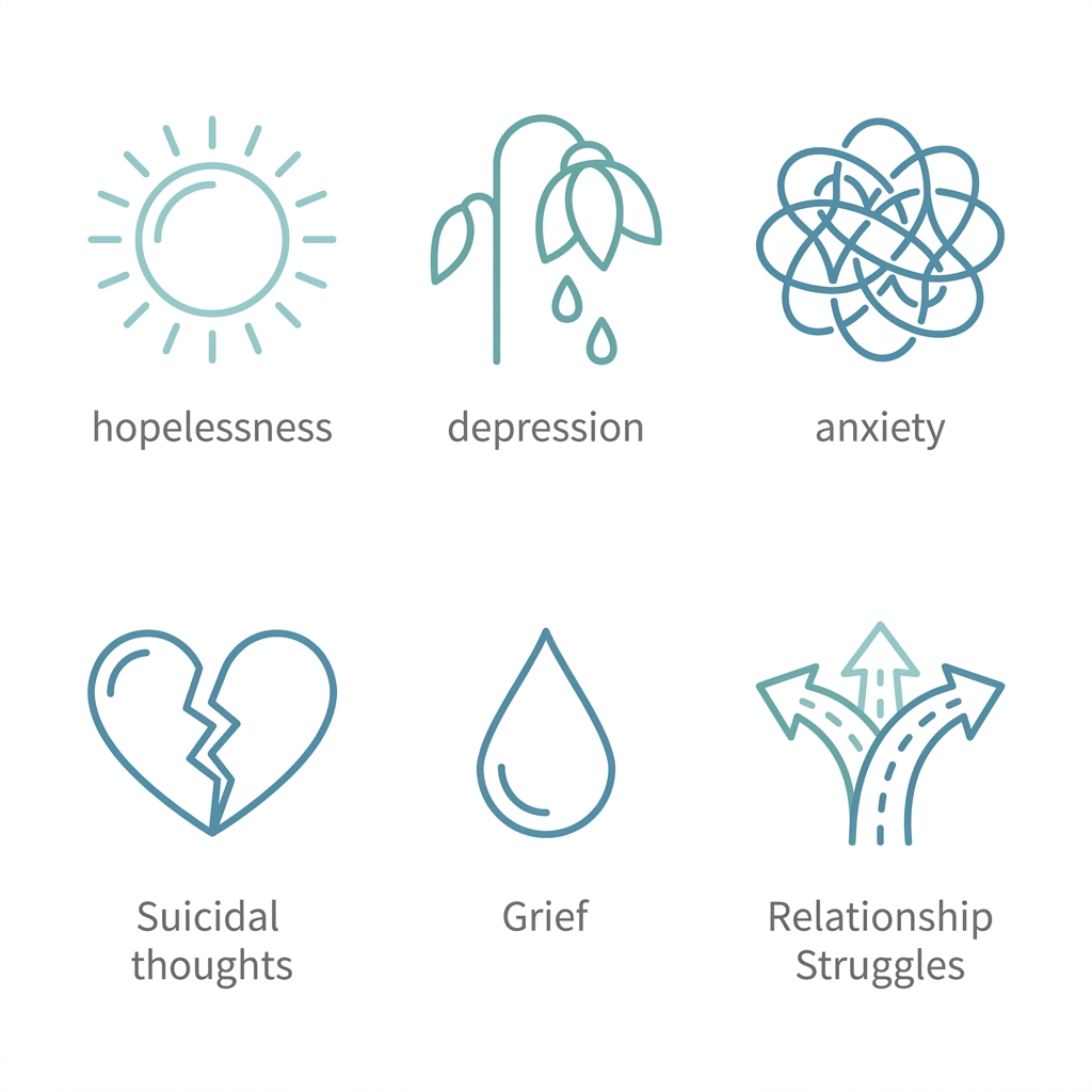 Grid of six outlined icons in soft teal and blue on white: hopelessness, depression, anxiety, suicidal thoughts, grief, and relationship struggles, each with a gray label below, representing situations addressed by spiritual transformation resources.