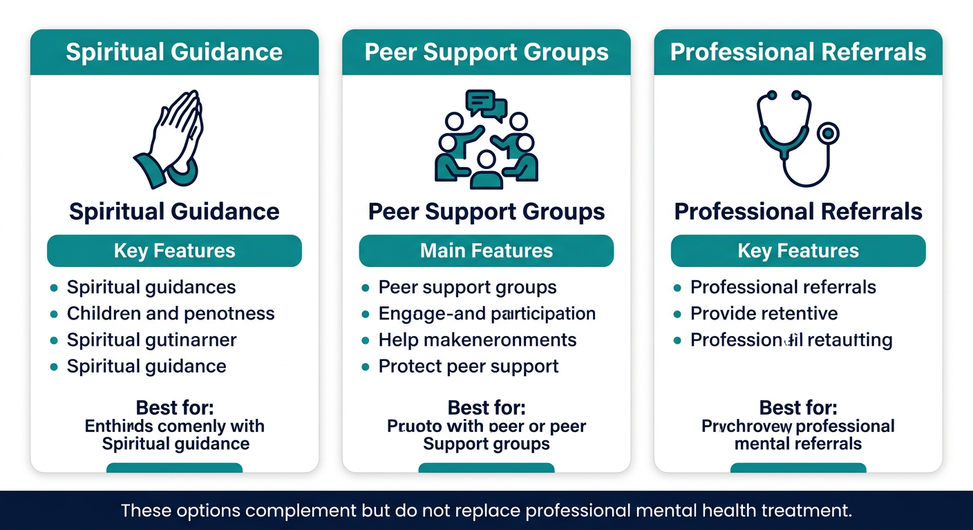 Comparison infographic of three support paths from Path to a Better Life: Spiritual Guidance with praying hands icon, Peer Support Groups with group icon, and Professional Referrals with stethoscope icon, each with key features and 'Best for' taglines on white cards with teal and navy colors.