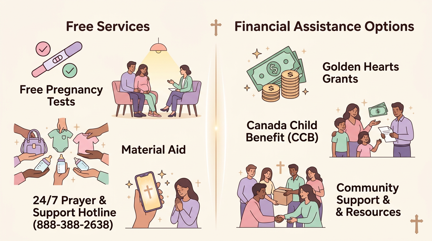 Infographic showing free pregnancy services and financial assistance options with icons in soft pastels, featuring prayer hotline and Golden Hearts grants.