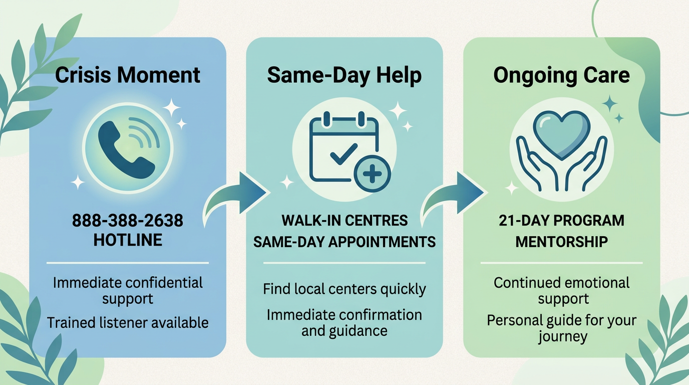 Horizontal timeline with three support stages for unplanned pregnancy: Crisis Moment with hotline number, Same-Day Help with appointment icons, and Ongoing Care with program icon.