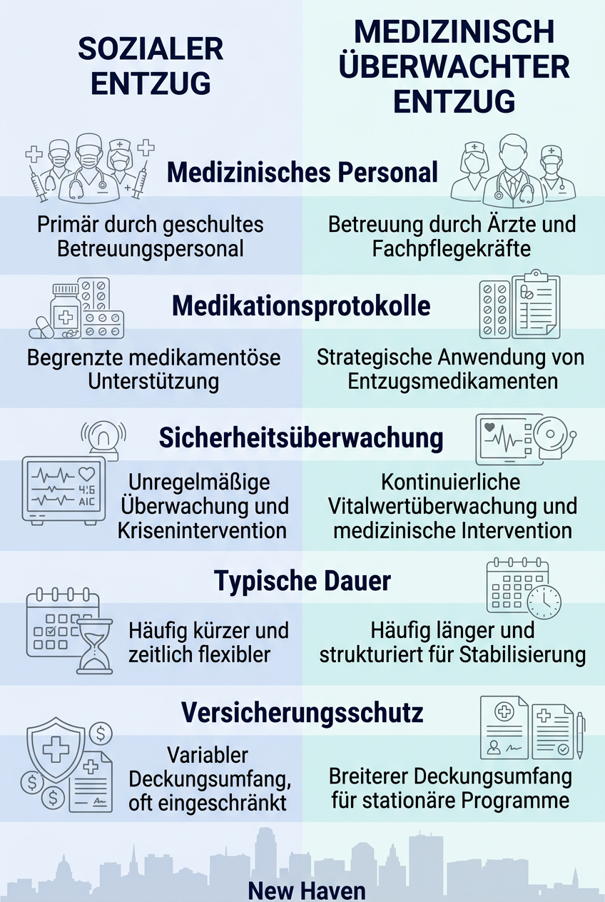 Vertikale Vergleichsinfografik: Medizinisch überwachter Entzug versus sozialer Entzug für die Suchtbehandlung in New Haven