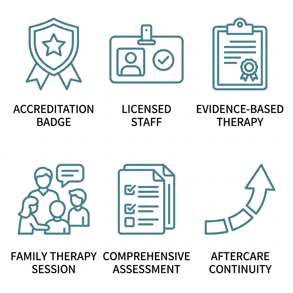 Icon set: accreditation badge, licensed staff credential, evidence-based therapy, family therapy, comprehensive assessment, aftercare continuity